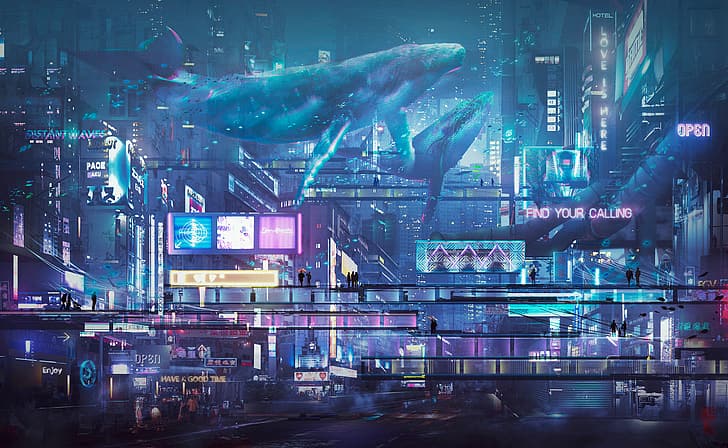 Donglu Yu, artwork, cyberpunk, futuristic, futuristic city, architecture, hologram, whale, footbridge, neon, street, HD wallpaper