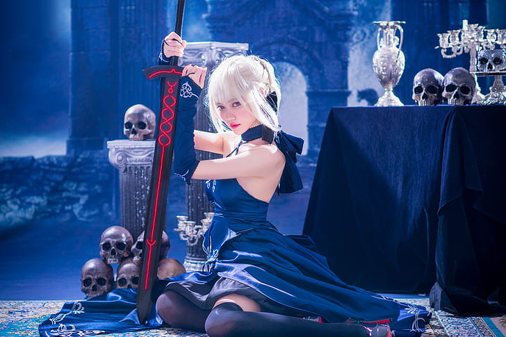 look, girl, blue, pose, weapons, table, background, castle, feet, sword, stockings, fantasy, hairstyle, blonde, skull, image, Asian, beauty, blue eyes, character, cosplay, candlesticks, blue dress, HD wallpaper