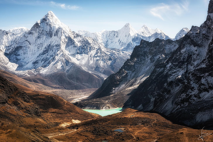 gunung putih dan hitam, Nepal, alam, lanskap, pegunungan, puncak bersalju, air, Wallpaper HD