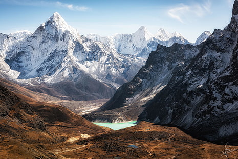 белые и черные горы, Непал, природа, пейзаж, горы, снежная вершина, вода, HD обои HD wallpaper