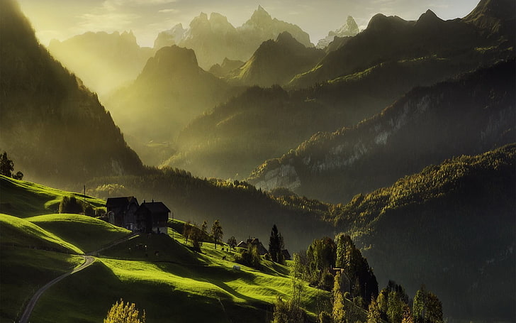 photographie de paysage de montagnes couvertes d'herbe, montagnes, collines, rayons du soleil, nature, paysage, photographie, maison, seul, Fond d'écran HD