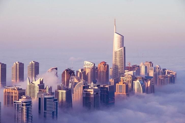gedung bertingkat tinggi, Dubai, Uni Emirat Arab, pencakar langit, bangunan, langit, awan, kabut, Wallpaper HD