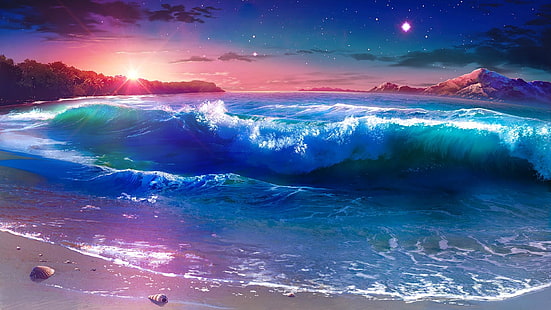 naturaleza, cielo, ola, mar, noche, océano, ola de viento, cielo nocturno, arte fantasía, noche estrellada, paisaje de fantasía, agua, estrella, horizonte, Fondo de pantalla HD HD wallpaper