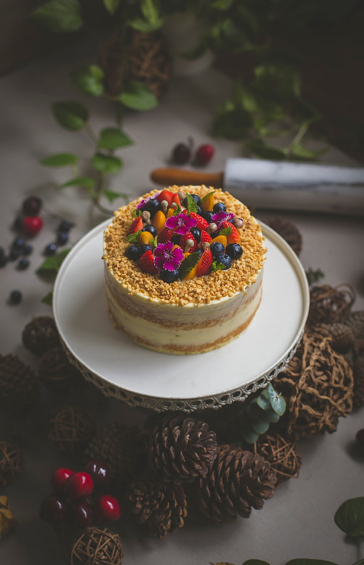 vanilla cake, cake, dessert, pastry, berries, HD wallpaper