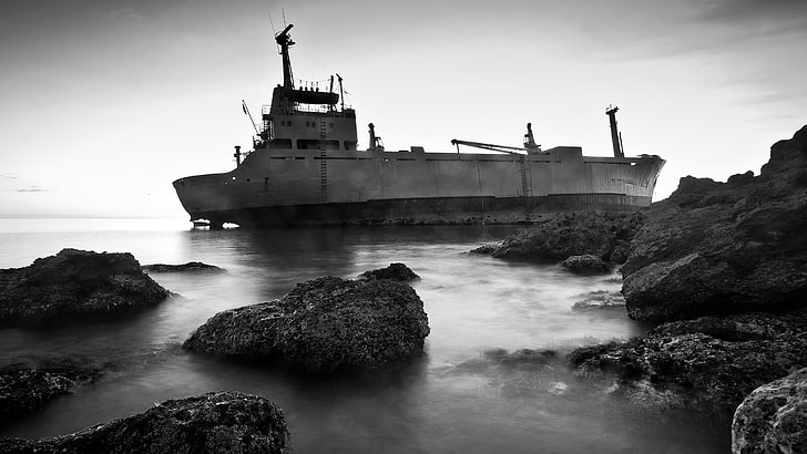 grayscale photo of ship beside rock isles, ship, HD wallpaper