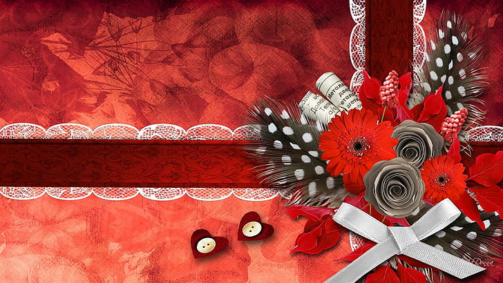 Red Royalty, ornement floral à pois rouges, gris et blancs, roses, ruban, boutons, feuilles, fleurs, plumes, fleurs, résumé, dentelle, velours, collage, Fond d'écran HD