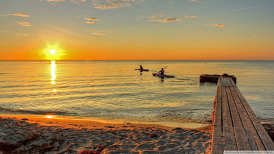 Sea Kayaking To The Sun, golden hour, beach, kayaks, dock, sunset, boats, HD wallpaper HD wallpaper