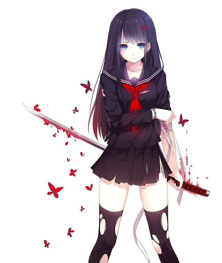 anime girl, katana, fighter, school uniform, bandages, Anime, HD wallpaper