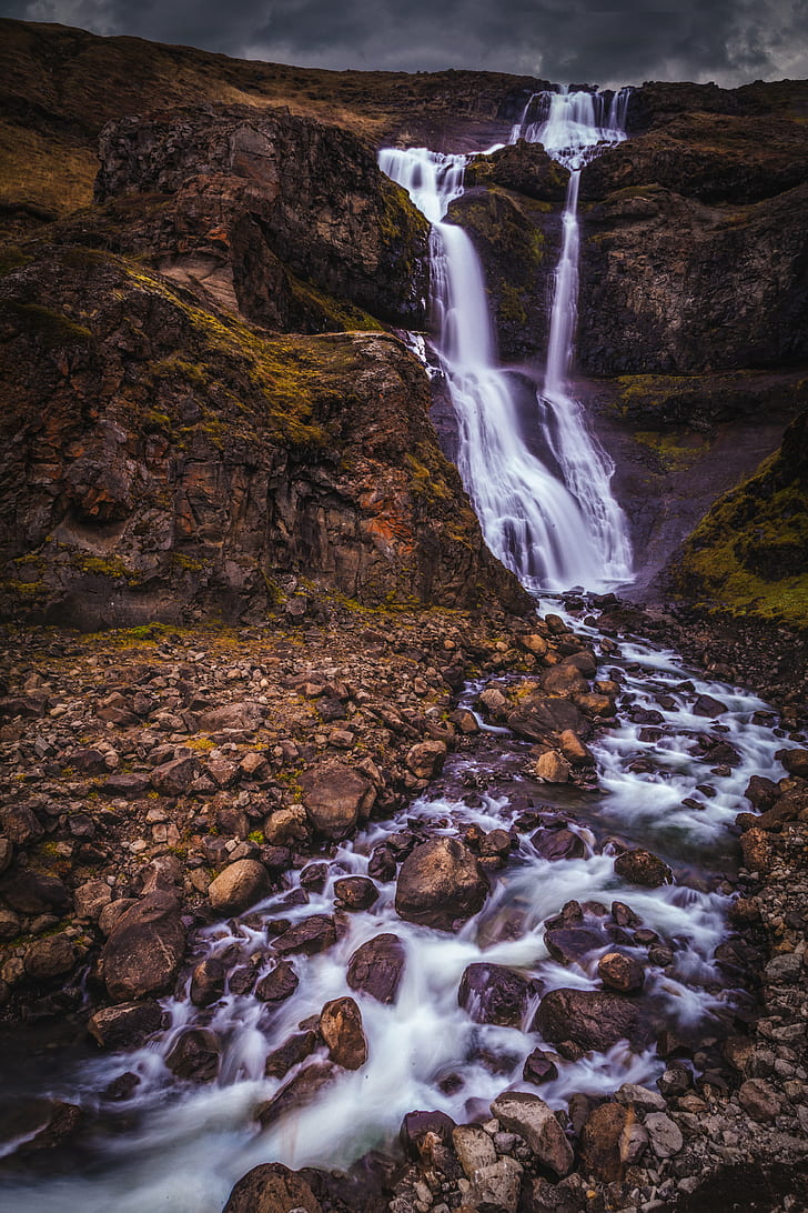 timelapse photo of waterfall, timelapse, photo, waterfall, islandia, foss, cascada, photoshop, nature, river, water, landscape, scenics, stream, iceland, outdoors, beauty In Nature, rock - Object, mountain, HD wallpaper