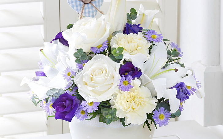 white and purple flowers bouquet, eustoma, lily, flowers, bouquet, HD wallpaper