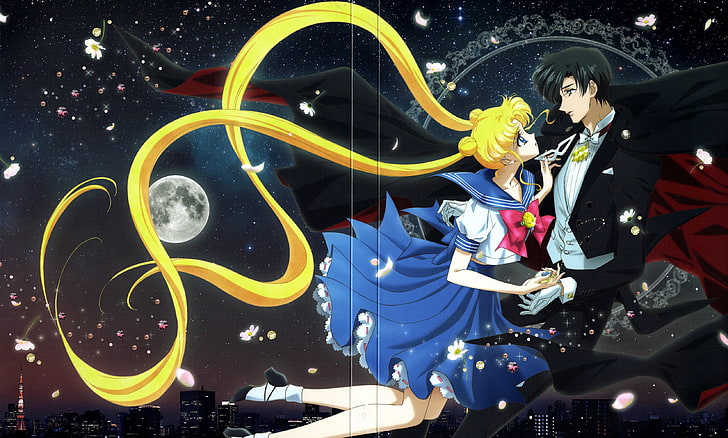 niebiesko-żółta tkanina w kwiatowy print, Sailor Moon, Moon, Tapety HD