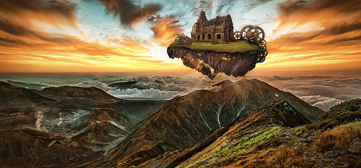 brown stone house, mountains, building, engine, gears, steampunk, imagination, photoshop, HD wallpaper