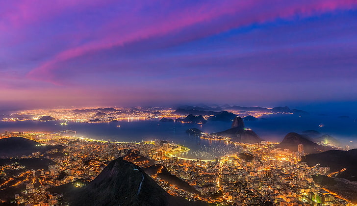aurora light digital wallpapepr, городской пейзаж, архитектура, здание, город, Рио-де-Жанейро, Бразилия, вечер, закат, облака, огни, море, залив, холмы, горы, вид с высоты птичьего полета, HD обои