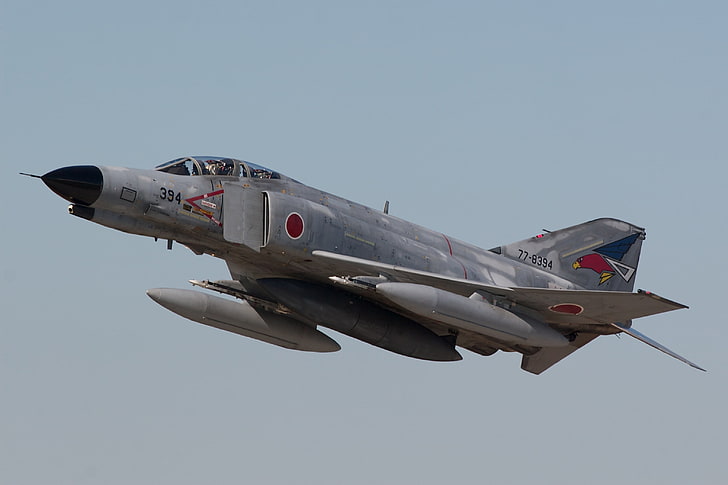 jet tempur abu-abu dan hitam, mitsubishi f-4ej, phantom ii, pesawat, fighter, Wallpaper HD