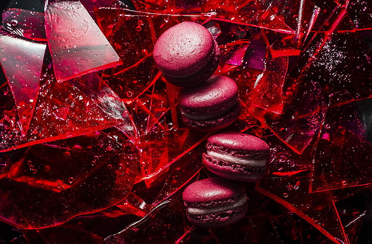 food, red, broken glass, macaroons, HD wallpaper