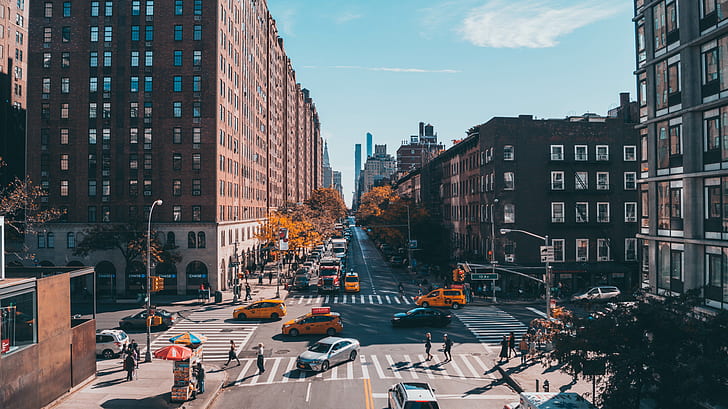 кола, град, градски пейзаж, Ню Йорк, пешеходец, фотография, улица, такси, трафик, HD тапет