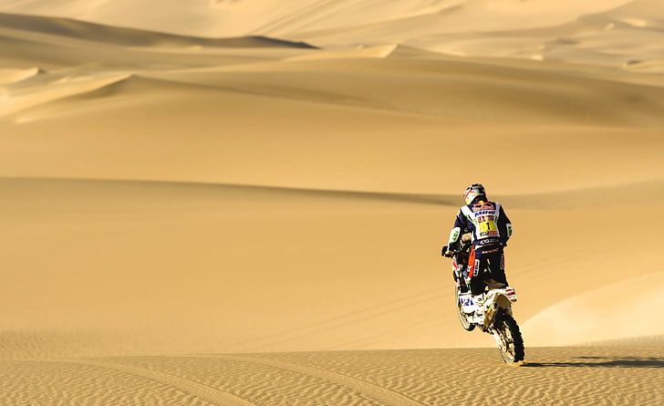 черен и сив мръсотия, пясък, спорт, пустиня, ден, мотоциклет, състезател, мото, топлина, рали, Дакар, HD тапет