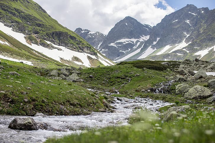 pegunungan, sungai pegunungan, Kaukasus, Arkhyz, musim panas di pegunungan, padang rumput Alpine, dukka, Wallpaper HD, Wallpaper HD