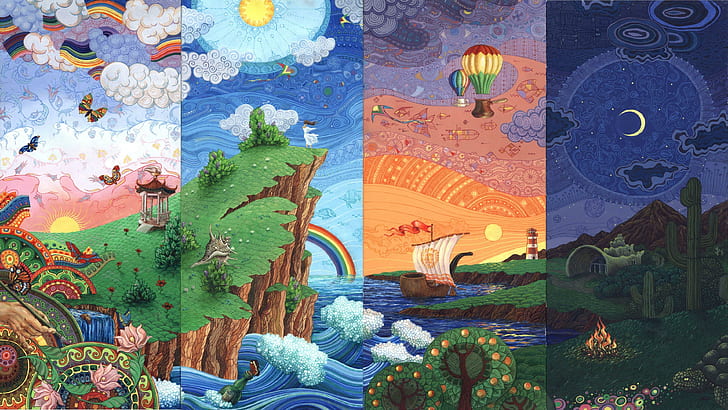 dreamland, fantasy art, rainbow, hot air balloon, imagination, colorful, fairytale art, fairytale, HD wallpaper