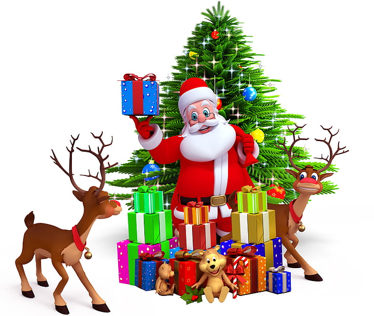 Santa holding gift nea the deer wallpaper, photo, tree, Christmas, gifts, New year, horns, deer, holidays, 3D graphics, HD wallpaper