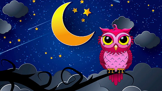 dibujos animados, búho, azul, buenas noches, búho rosado, luna, cielo nocturno, ilustración, pájaro, Fondo de pantalla HD HD wallpaper