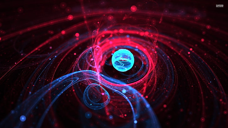 red and blue ray of light, Plexus, animation, atoms, orbits, nuclear, electrons, protons, neutrons, lights, digital art, HD wallpaper