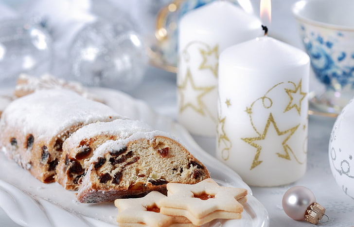 two white pillar candles and baked breads, cookies, pastries, sweets, new year, HD wallpaper
