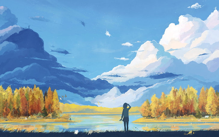 person standing near body of water painting, silhouette of person looking at mountain near body of water painting, landscape, clouds, mountains, anime, forest, artwork, fantasy art, anime girls, sky, nature, fall, trees, HD wallpaper