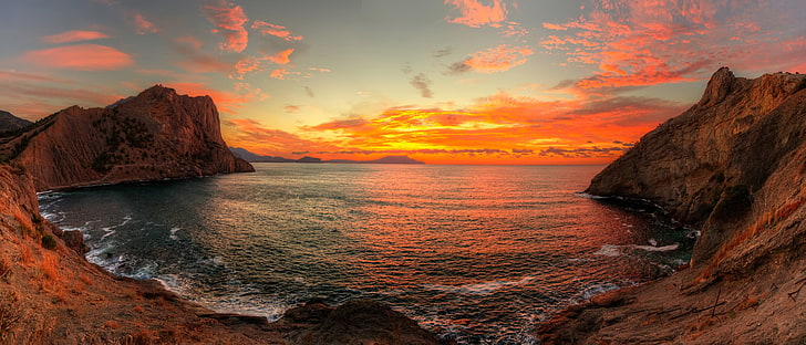 costa, paisaje, mar, puesta de sol, orilla, rocas, nubes, cielo, costa, bahía, Fondo de pantalla HD