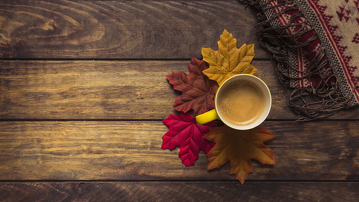 autumn, leaves, background, tree, coffee, colorful, scarf, Cup, Board, wood, maple, HD wallpaper