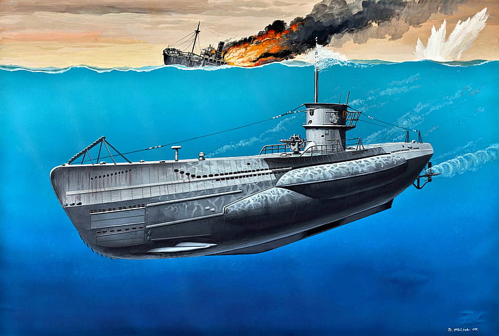 Jerman, seni, lukisan, kapal selam, VIIC, WWII, Type, U-Boot, Angkatan Laut, Wallpaper HD