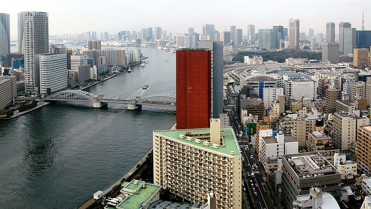 высотное здание, Япония, Токио, город, городской пейзаж, вода, панорама, HD обои
