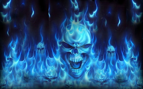 abstrait, bleu, sombre, flammes, crânes, Fond d'écran HD HD wallpaper