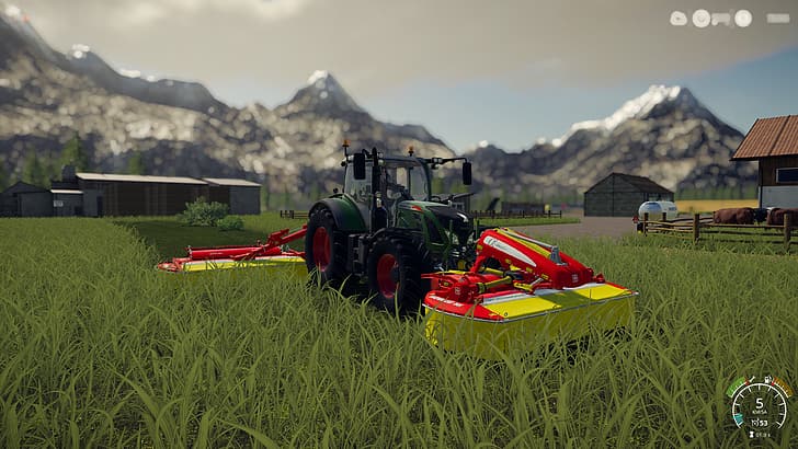 farming, farming simulator, farming simulator 2019, video game art, oats, field, green, tractors, cow, sheep, HD wallpaper