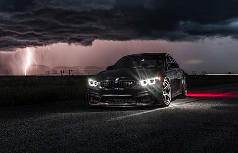 berlina BMW nera, BMW, luce, nuvole, nero, notte, F80, illuminazione, LED, Sfondo HD HD wallpaper