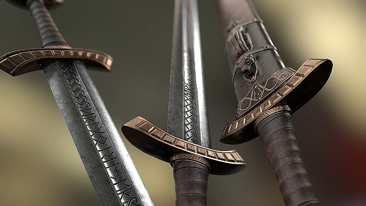 armes, acier, épées, runes, épée viking et fourreau, Fond d'écran HD