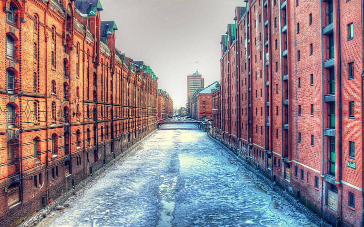 cidade cityscape arquitetura céu construção hamburgo alemanha portos doca rio inverno velho edifício ponte hdr tijolos de gelo rio congelado, HD papel de parede