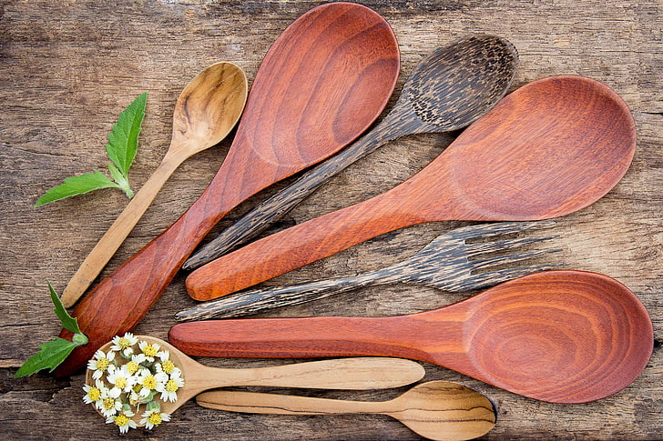 art, board, cooking, flowers, fork, fresh, handmade, hardwood, herb, kitchen, kitchen utensils, kitchenware, ladle, leaves, lifestyle, organic, rustic, spatula, spoon, stylish, surface, table, tableware, tools, topview, HD wallpaper