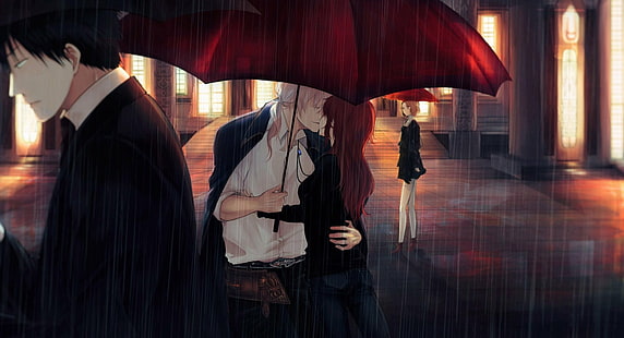 Anime, originale, coppia, bacio, pioggia, ombrello, Sfondo HD HD wallpaper