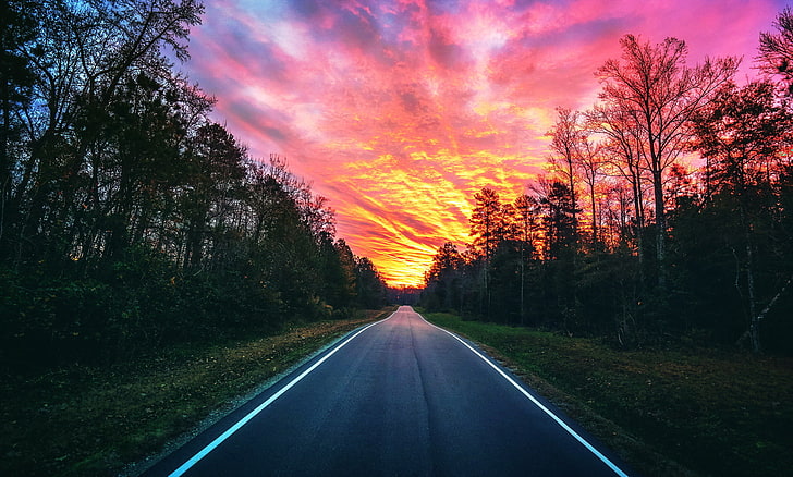 camino de hormigón gris, cielo, paisaje, camino, puesta de sol, Fondo de pantalla HD