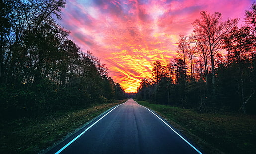 szara betonowa droga, niebo, krajobraz, droga, zachód słońca, Tapety HD HD wallpaper
