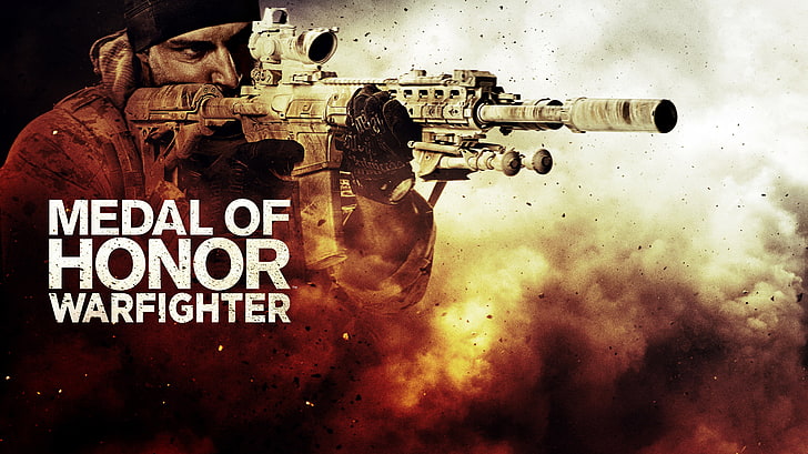 Скриншот обложки игры Medal of Honor Warfighter, оружие, пыль, солдаты, автомат, бандана, жилетка, Medal of Honor: Warfighter, HD обои