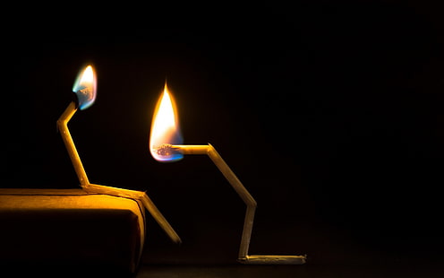 two safety match sticks, creativity, humor, matches, fire, burning, love, black background, sitting, kneeling, abstract, HD wallpaper HD wallpaper