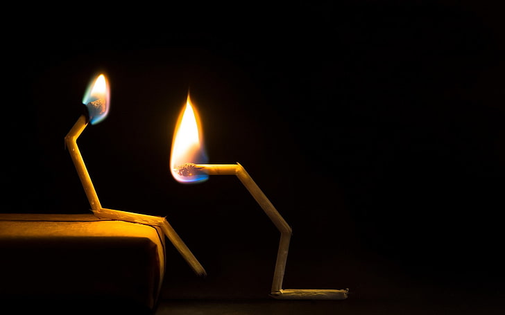 love, black background, creativity, humor, fire, kneeling, burning, abstract, matches, sitting, HD wallpaper