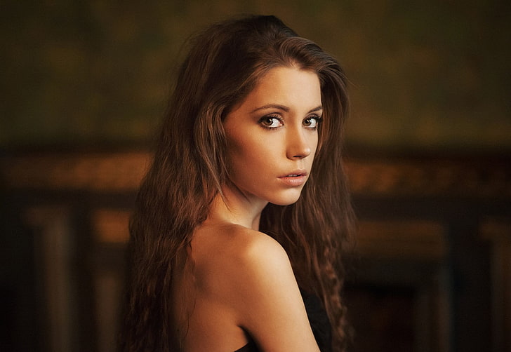 Ksenia Kokoreva, women, model, face, portrait, bare shoulders, Maxim Maximov, brunette, HD wallpaper
