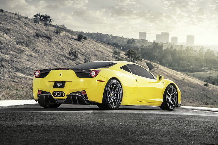 Ferrari, 458 Italia, sarı, İtalya, Ferrari, Vorsteiner, 458 italia, yandan görünüm, Supercar, araba, yol, HD masaüstü duvar kağıdı