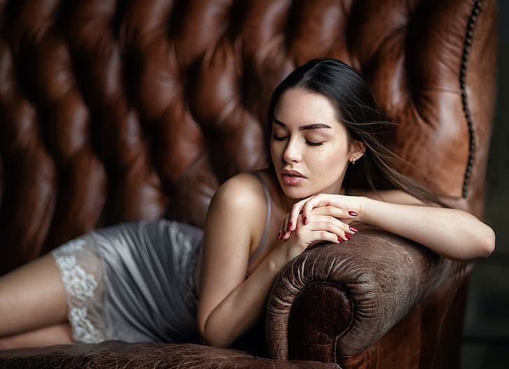 girl, face, pose, sofa, hands, combination, manicure, closed eyes, Alexander, Anastasia Barmina, HD wallpaper