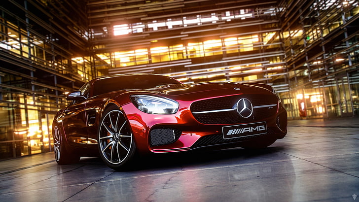 red Mercedes-Benz C-class, lights, AMG, coupe, Mersedes-Benz, tires, HD wallpaper
