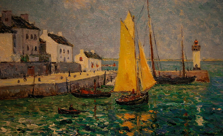 Målning Montreal Museum of Fine Arts, målning av båt, konstnärlig, teckningar, hav, båtar, vatten, konstverk, hamn, hamn, målning, Montreal Museum of Fine Arts, HD tapet