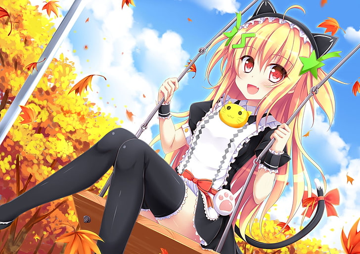 anime girl, loli, swing, blonde, smiling, autumn, leaves, animal tail, Anime, HD wallpaper